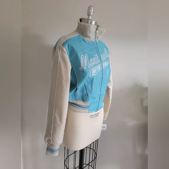 BNWT leather "Montreal" cropped bomber jacket in blue and cream vintage style - Picture 3 of 14